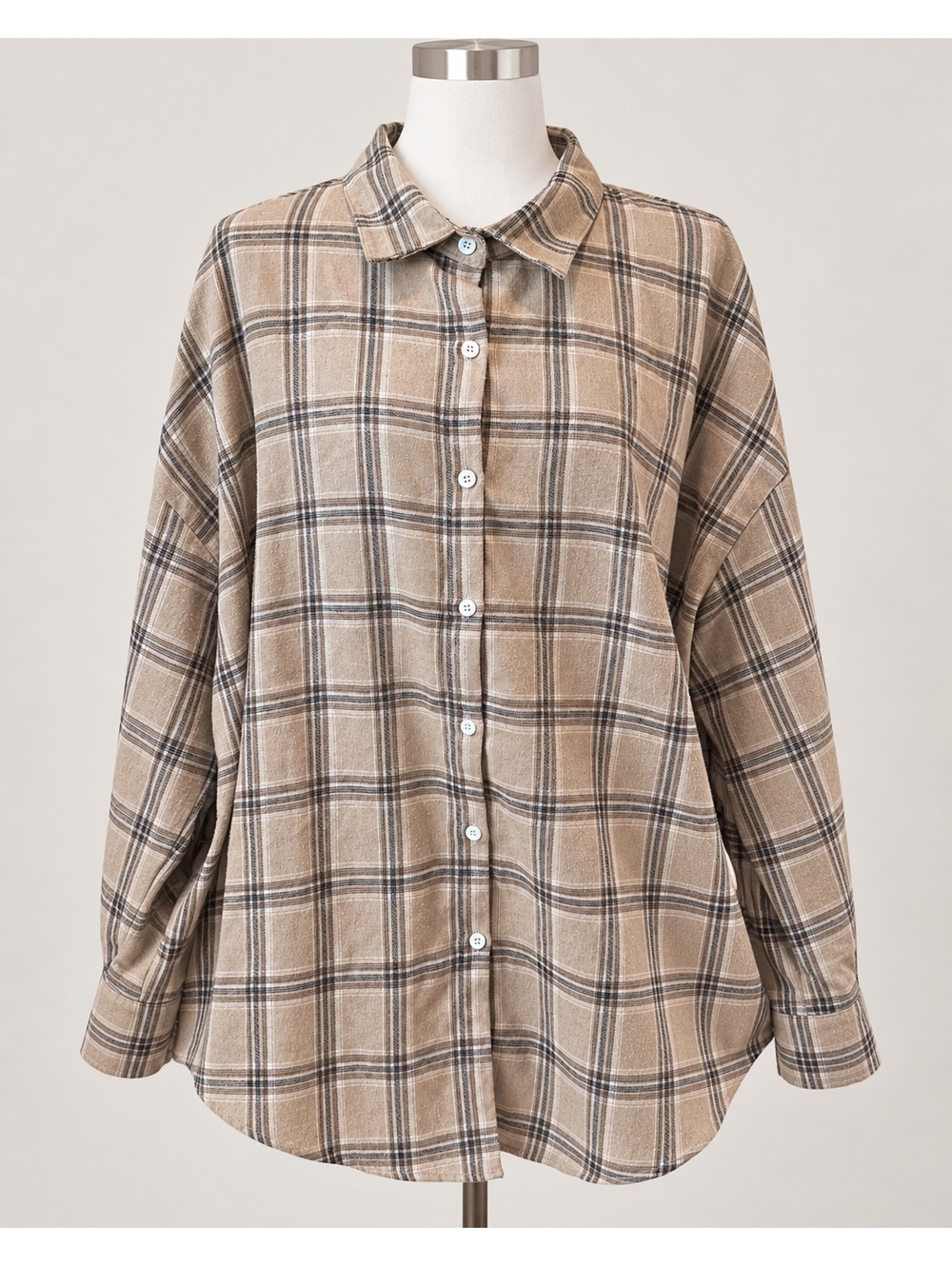 SHEIN Curve 3XL Women’s Beige Brown Plaid Button Up Long Sleeve Shirt Plus Size